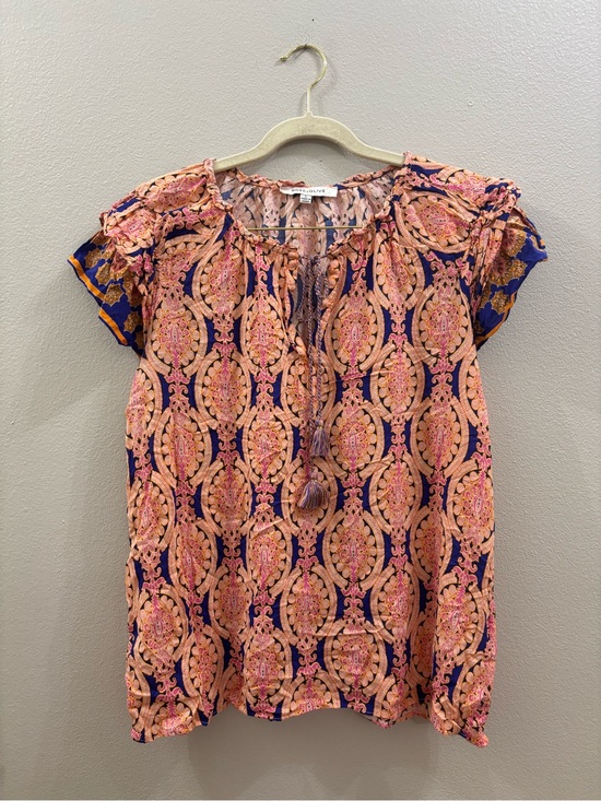 Rose & Olive Tops - Rose & Olive Pink and Navy Printed Tie-Neck Peasant Blouse